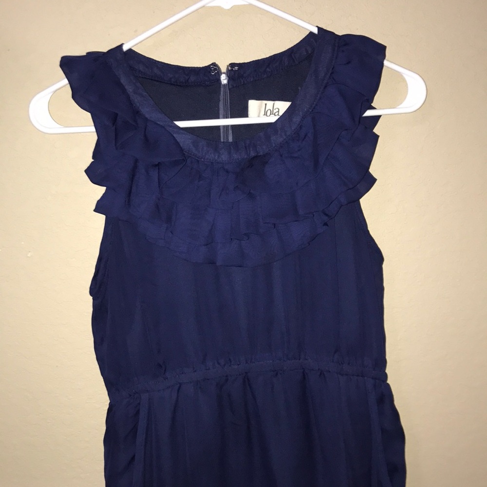 Navy blue mini dress with ruffles on top